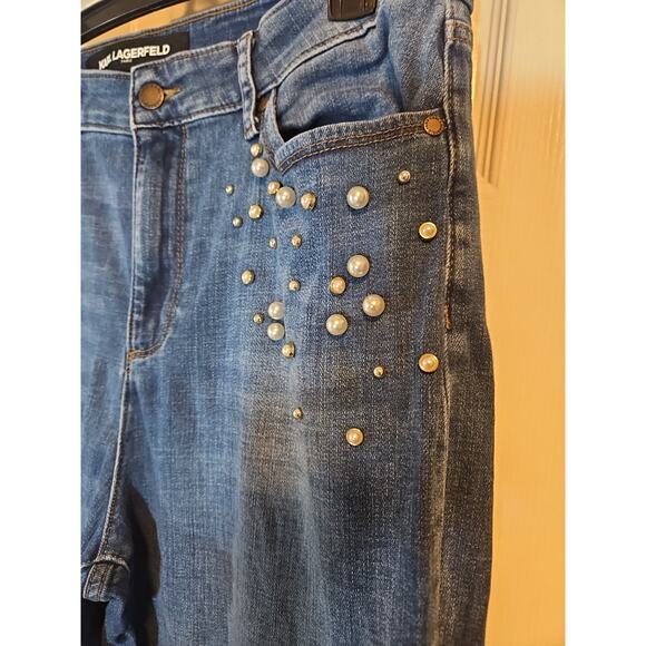 Karl Lagerfeld ParisFaux Pearl Embellished Cropped Jeans Sz 14 - Picture 5 of 9